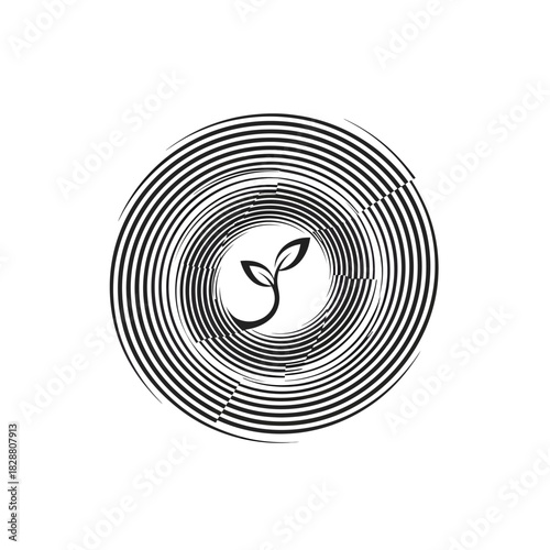 Circular spiral emblem with layered contour lines surrounding a central sprouting seed symbol representing growth, renewal, and natural development.