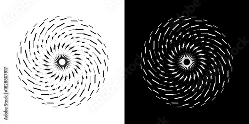 Abstract background with line pattern forming circle. Spiral art design as logo or icon. Black lines on white background and same white lines on black side. Mandala with line pattern.