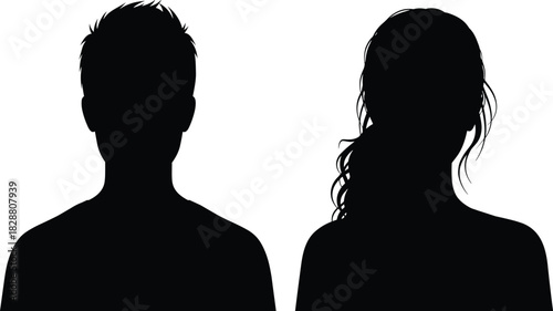 Human silhouettes, male and female, black outline, portrait style, minimal design, profile concept, identity, contrast, simplicity, vector art