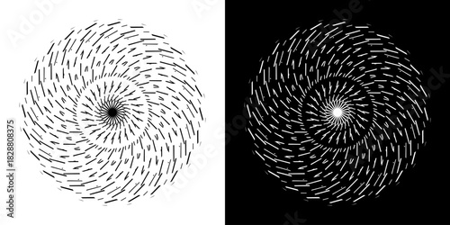 Abstract background with line pattern forming circle. Spiral art design as logo or icon. Black lines on white background and same white lines on black side. Mandala with line pattern.