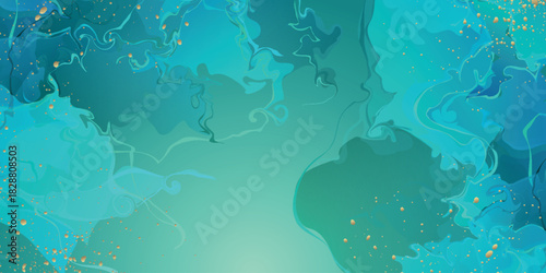 Abstract green gradient background with green ink wave decoration and luxurious and elegant gold splashes. Modern background concept for invitations and awards. VOL. 2