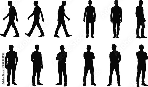 Human silhouettes, walking poses, standing figures, posture study, motion capture, black outline, character design, animation reference, minimal style