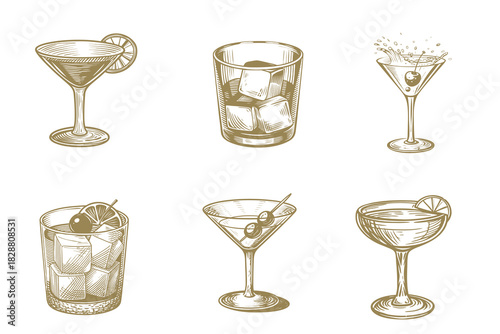 Beautiful Alcoholic cocktails hand drawn vector illustration. daiquiri, old fashioned, manhattan, martini, sidecar glass hand drawn engraving. Eps 10