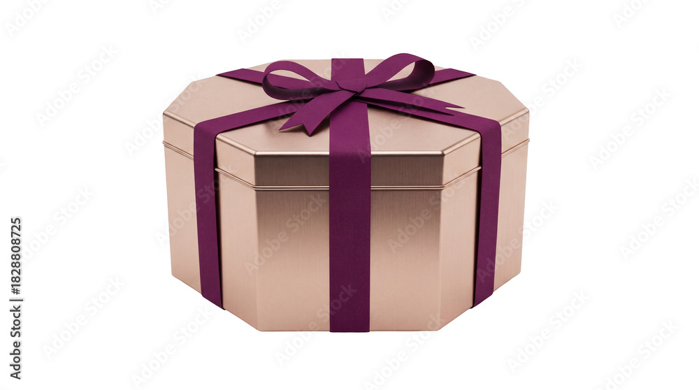 Obraz premium Elegant octagon gift box with purple ribbon isolated PNG, present for special occasions and holidays on transparent background
