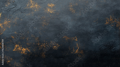 Texture of black and golden dust decorative plaster or concrete. Abstract grunge background for design.