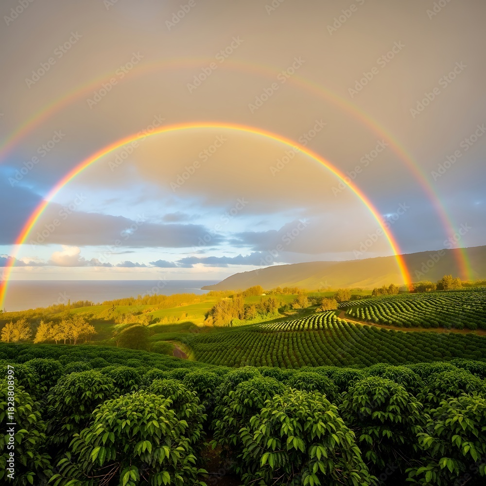 Fototapeta premium Rainbow Over Coffee Plantation Landscape.