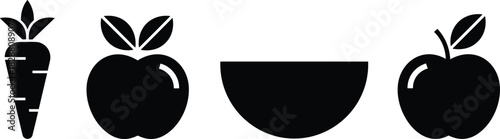 Carrot, Apple, and Bowl Silhouettes Representing Diet, Nutrition, Vegan, and Organic Lifestyle