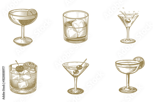 Vintage old fashioned, Manhattan, martini, daiquiri, collection vector illustration. Scotch, brandy or liquor alcohol drinks. Bar menu design elements. Eps 10