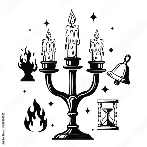 Black and white occult illustration featuring a candelabrum with dripping wax, hourglass, and bell