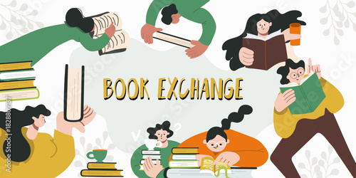 Book exchange landing page template or bookcrossing vector illustration banner. Education and knowledge concept, people holding books. Swap literature event, library day, Vector illustration.