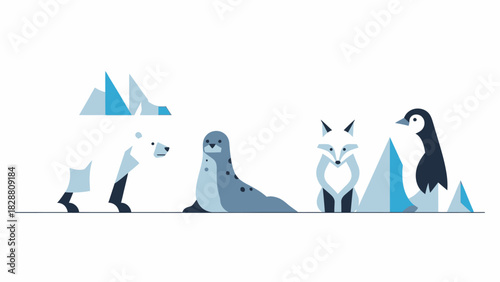 Arctic animals stylized illustration with polar bear seal fox and penguin