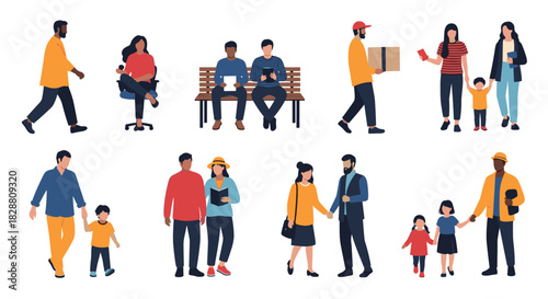 A diverse group of people, including families, workers, and individuals, engaging in various everyday activities.