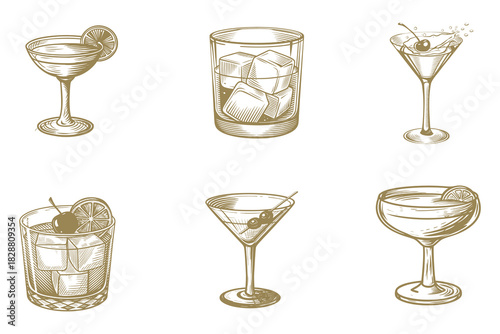 Alcoholic cocktails hand drawn vector illustration. Whiskey bottles and glass, vector sketch. Scotch, brandy or liquor alcohol drinks. Eps 10