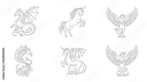 Fantastic Creatures Set Dragon Unicorn Gryphon Mystical Illustration