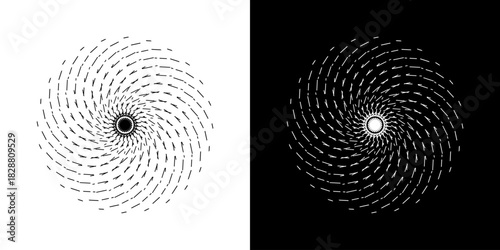 Abstract background with line pattern forming circle. Spiral art design as logo or icon. Black lines on white background and same white lines on black side. Mandala with line pattern.