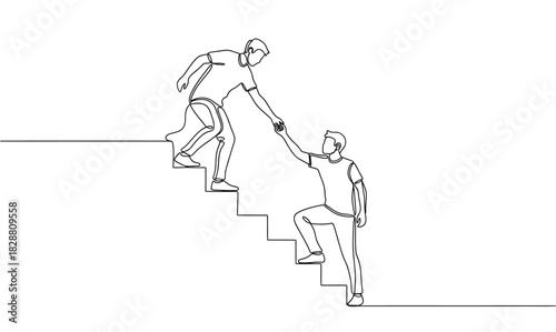 One Continuous Line Drawing of Man Helping Man Climb Stairs. Partnership, Business Support, Mentorship, and Climbing Career Ladder Concept.