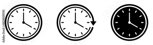 Three clocks showing different times and styles