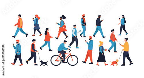 Diverse people navigating modern urban life, walking, cycling, and interacting with pets, often engrossed in their smartphones.