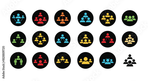 Diverse icons illustrating people in various group, team, and organizational structures for social and business concepts.