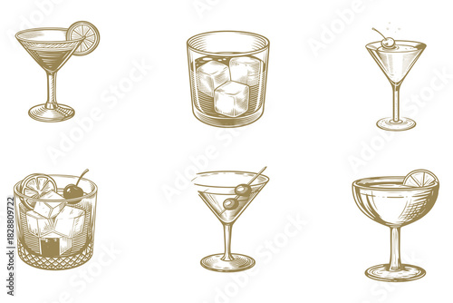 Beautiful hand drawn Cocktails alcoholic daiquiri, old fashioned, Manhattan, martini, sidecar glass hand drawn engraving vector illustration. vintage style. Eps 10