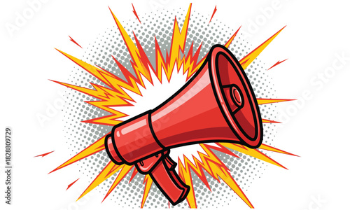 Red Megaphone with Pop Art Burst. Loudspeaker or Bullhorn for Announcement, Marketing, Advertisement, and Communication in Comic Style.