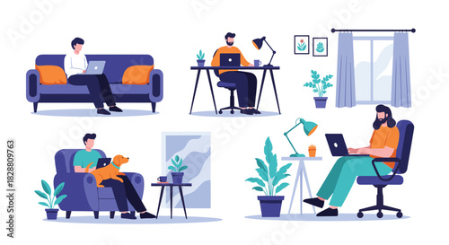 People working remotely from home in various comfortable settings, using laptops for online tasks and enjoying a flexible lifestyle.