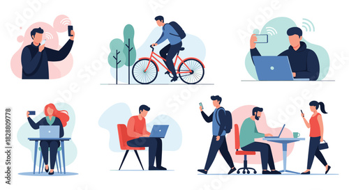 Modern lifestyle concepts featuring people working, communicating, and commuting, highlighting the integration of digital technology in daily routines.