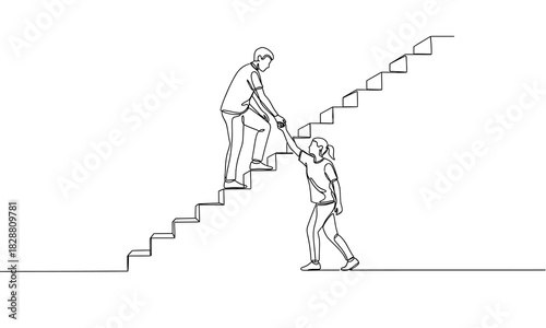 One Continuous Line Drawing of Man Helping Woman Climb Stairs. Partnership, Business Support, Success, and Climbing Career Ladder Concept.
