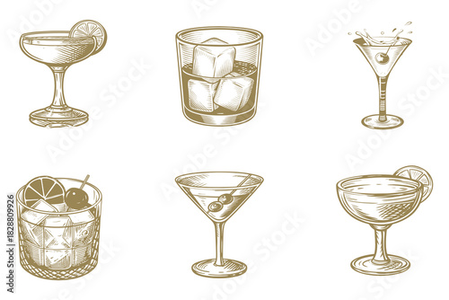 hand drawn engraving Cocktails alcoholic daiquiri, martini, old fashioned, Manhattan, vector illustration vintage style. Sketch set. Eps 10