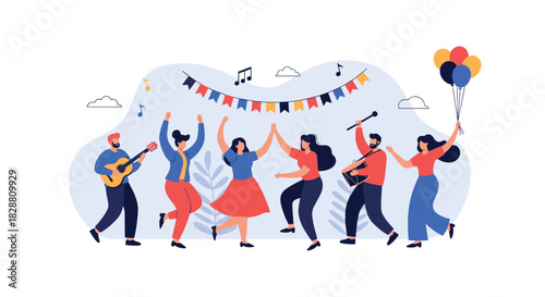 Joyful group of diverse people dancing and playing music at a festive party, decorated with banners and balloons.