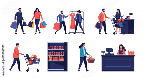 Various people shopping in different retail environments, carrying bags, pushing carts, browsing shelves, and checking out at the counter.