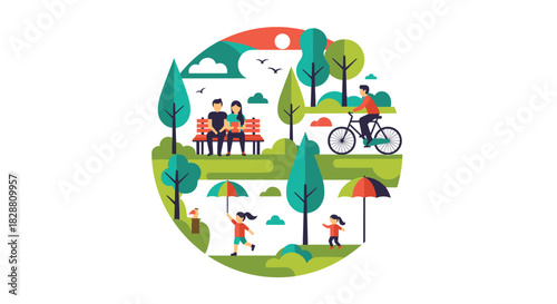 People enjoying outdoor activities in a vibrant green park, with a couple on a bench, a man cycling, and children playing with umbrellas.