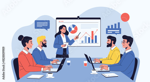 Businesswoman giving a presentation with charts and graphs to her colleagues in a modern office setting, showcasing data analysis and strategic planning.