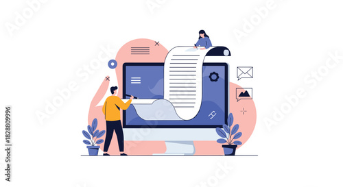 Illustration of a man and a woman collaborating to write and edit a long digital document displayed on a large computer monitor.