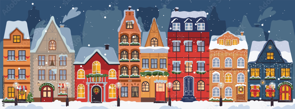 Naklejka premium Christmas town panorama with houses in snow, decorated for holiday. Winter landscape with houses. Christmas winter old town street. European cityscape panorama. Flat vector illustration