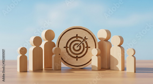 Diverse group of wooden figures gathered around a target, symbolizing teamwork and shared goals.