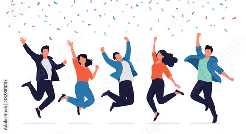 A diverse group of cheerful young people enthusiastically jumps into the air amidst a shower of colorful confetti, celebrating success and happiness.
