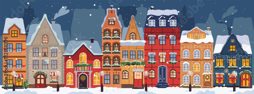 Christmas town panorama with houses in snow, decorated for holiday. Winter landscape with houses. Christmas winter old town street. European cityscape panorama. Flat vector illustration