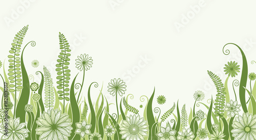 Stylized green floral and grass border on a light background, evoking spring and nature.