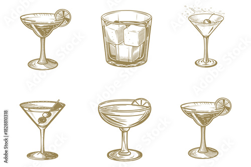 Whiskey bottles and glass vector illustration. Cocktails alcoholic daiquiri, old fashioned, Manhattan, martini, sidecar glass hand drawn engraving vintage style. Eps 10