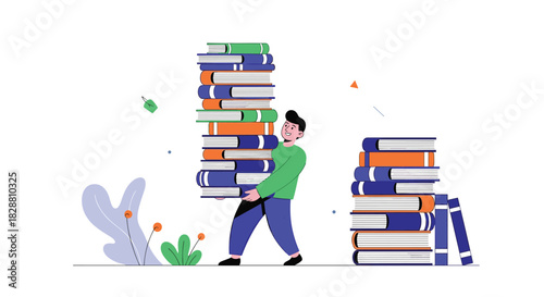 A cheerful student or avid reader carries an impossibly tall stack of books, symbolizing dedication to learning, extensive knowledge, or academic workload.