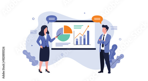 Business professionals analyze growth charts and pie graphs on a large screen during a strategic meeting, discussing performance and future plans.