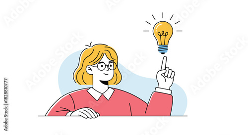 A smiling woman with glasses and blonde hair points to a glowing lightbulb, symbolizing a new idea or moment of inspiration.
