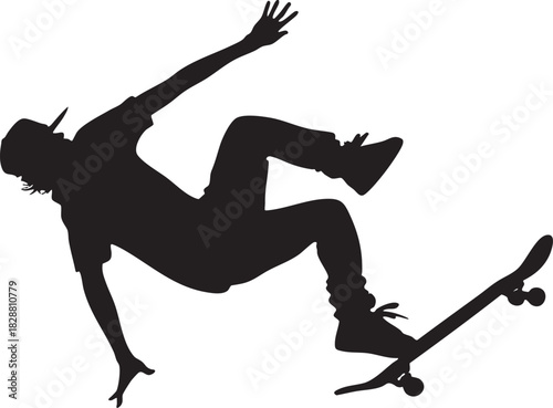 Skateboarder Kickflip Silhouette Black Vector on Transparent Background