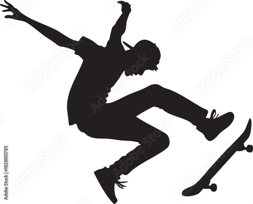 Skateboarder Kickflip Silhouette Black Vector on Transparent Background
