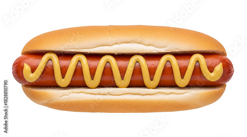 Delicious hot dog with mustard isolated PNG, classic American fast food on transparent background for restaurant menu and food design