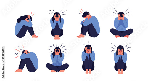 People struggling with stress, anxiety, and depression, showing emotional distress and mental health issues in various poses.