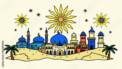 Illustration of a desert city under a bright sun