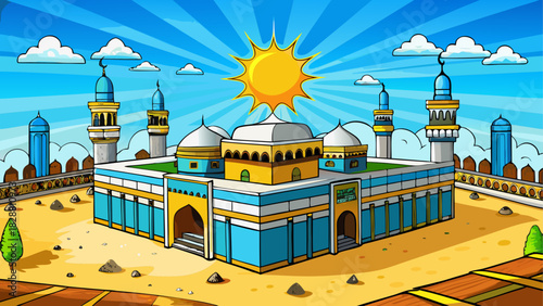 Illustration of a mosque under a bright sun shine