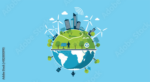 Sustainable green city on Earth, powered by renewable energy like wind and solar, promoting eco-friendly urban development, recycling, and a smart future.